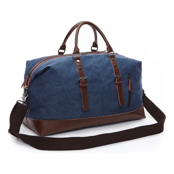 Bolsa Zafin Viagem Masculina De Lona E Couro Ferragens Níquel Correia Transversal De Ombro Mala De Bordo Grande Resistente Cor Azul