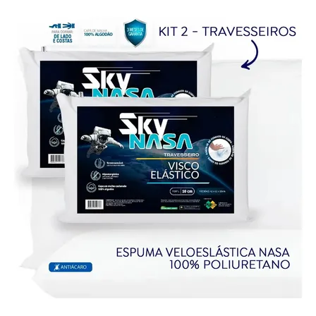 Kit 2 Travesseiros Nasa Sky Ferkoti Viscoelástico 10cm Espuma D40 Branco Basic Conforto Baixo Antiácaro
