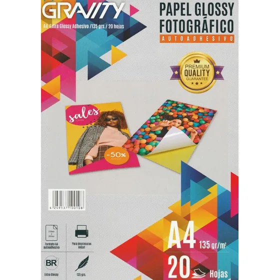 Papel Fotográfico Gravity Adhesivo Brillo A4,135 Gr.20 Hojas