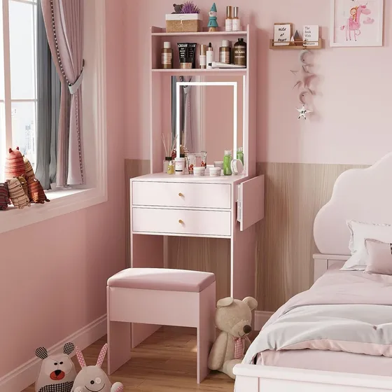 Tocador Con Espejo Luces Ajustable Panel Plegable Taburete Rosa