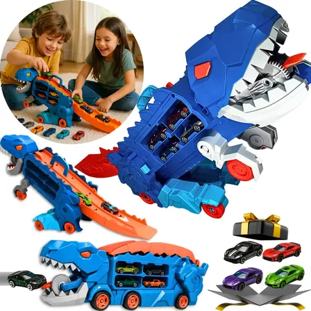 Caminhão Dinossauro Pista Lançador Carrinho Maleta Infantil Comedor De Carros Funny T-rex Cegonha Fansikids Guincho Brinquedo Grande Transportadora Engolir Lançadora Com Carrinhos Zornix Azul