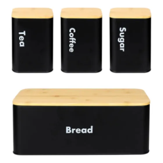 Kit De Latas Chá Café Açúcar Pão Em Metal Preto - Vencedor
