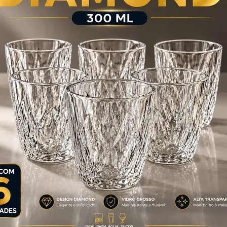 Jogo 6 Copos 300ML Grande Vidro Grosso Diamond Resistente Transparente Kit para Drink Água Suco Refrigerante Bar Restaurante Diamante