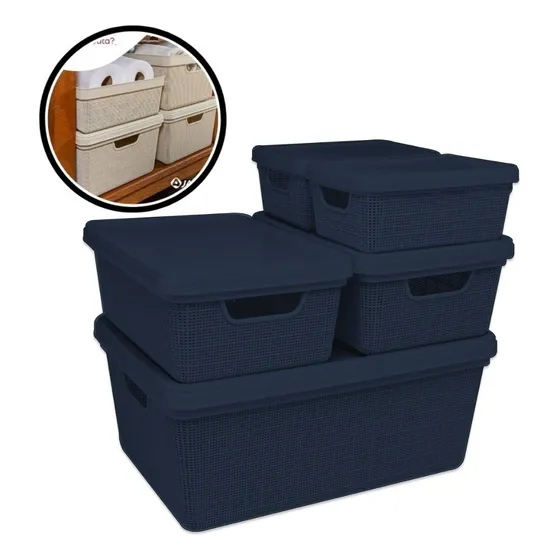 Kit 5 Caixas Organizadoras Cesto Tampa Multiuso 1,8l 5l 15l