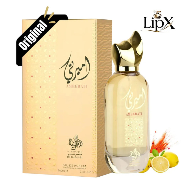 Frasco de perfume Ameerati de 100ml com tampa dourada ao lado de sua caixa original e elementos decorativos de limão e especiarias