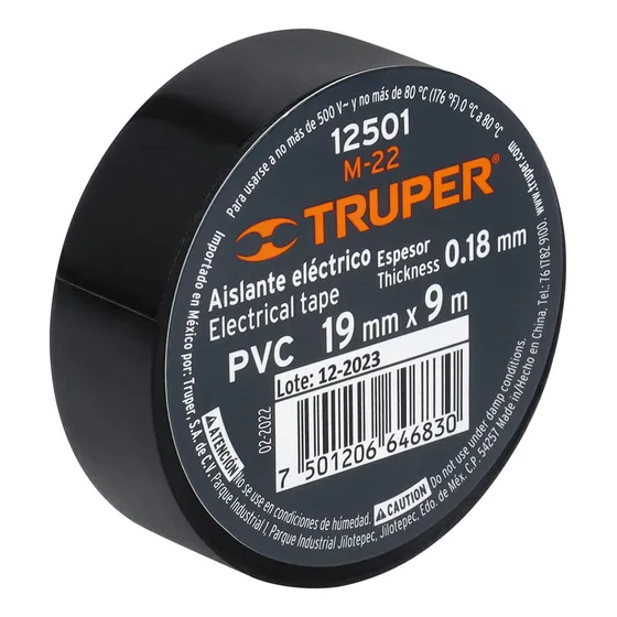 Cinta de aislar de 9 m x 19 mm, negra, Truper (8 Pzas.)