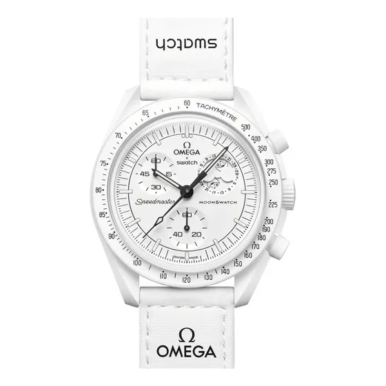 Reloj Omega X Swatch Modelo SO33W700 Correa Blanco Bisel Blanco Fondo Blanco