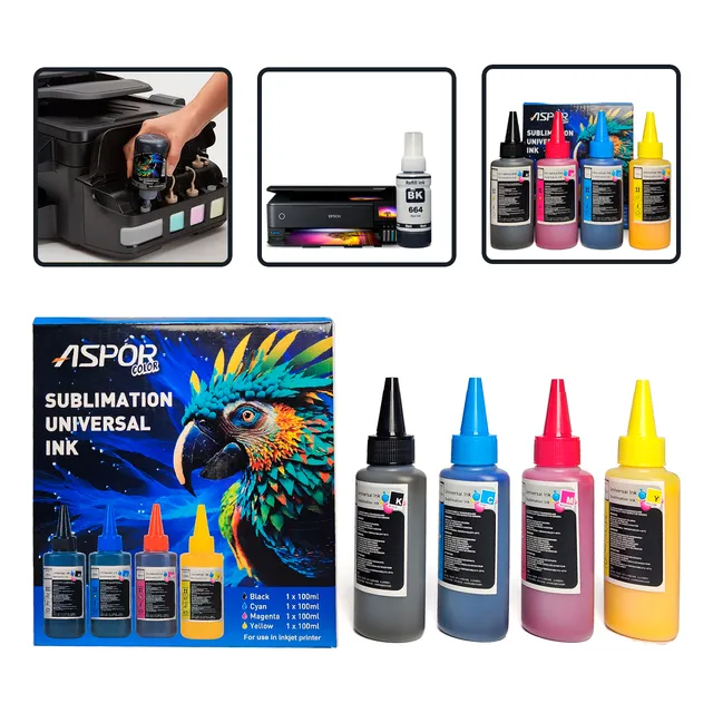 Tinta Para Sublimación Pack 4 Colores Premium Aspor 100ml