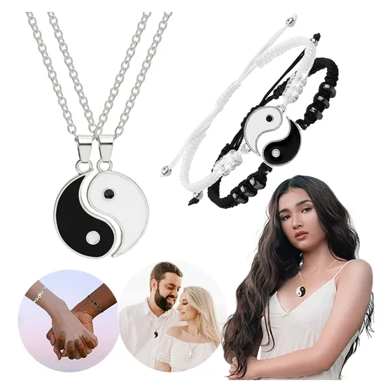Set 2 Pulseras Pareja De Yin Yang +2 Collar, Amor Eterno Set