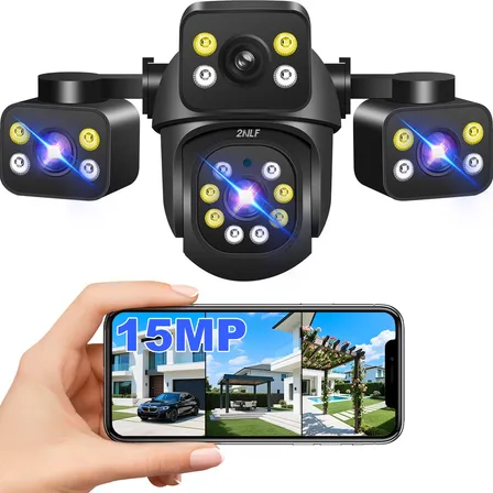 2nlf® 15MP Cámara De Seguridad Exterior Wifi Ip 360° Tres Lentes 3 Pantalla Resistente Conversación Bidireccional Seguimiento De Movimiento Alarma Móvil Visión Nocturna A Todo Color
