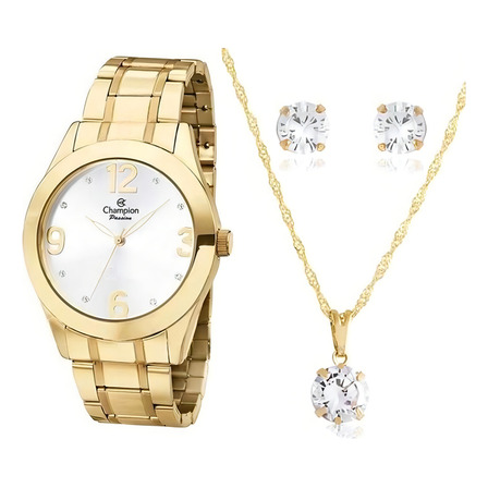 Kit Relógio Feminino Dourado Champion Original Colar Brincos Cor Do Fundo Branco Kit Relógio Feminino Dourado Champion Original Colar Brincos Cor Do Fundo Branco