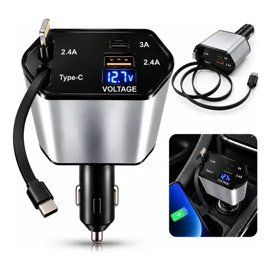 Carregador Celular Veicular Turbo Rápido 120W 4 Em 1 Cabos Retráteis Tipo-C + Portas USB USB-C Android IOS Display Led Digital Voltagem 12V 24V Automotivo Carro Caminhão SUV's