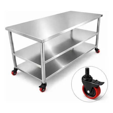 Mesa Rodizio Inox 150x50 Bancada Pia Rodinhas 2 Prateleiras