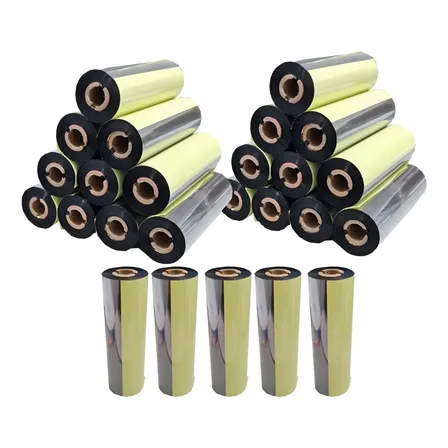 Kit com 50 Rolos de Etiquetas Couchê 100mm x 30mm e 25 Ribbons Cera Branco para Impressoras Térmicas