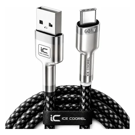Cabo Usb Entrada Tipo C A 60w Turbo Ultra Rápido 2 Metros Longo Nylon Blindado Plus Max Trançado Reforçado Resistente Compatível Com Carregador De Celular Pd Qc Usbc Carga E Dados Ice Coorel