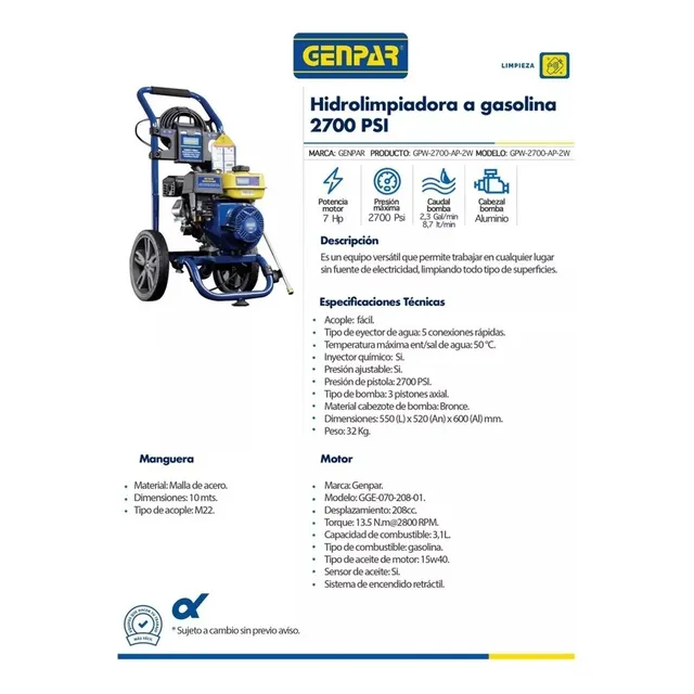 Hidrolimpiadora A Gasolina 2700 Psi 7hp 2 Ruedas Genpar Drop