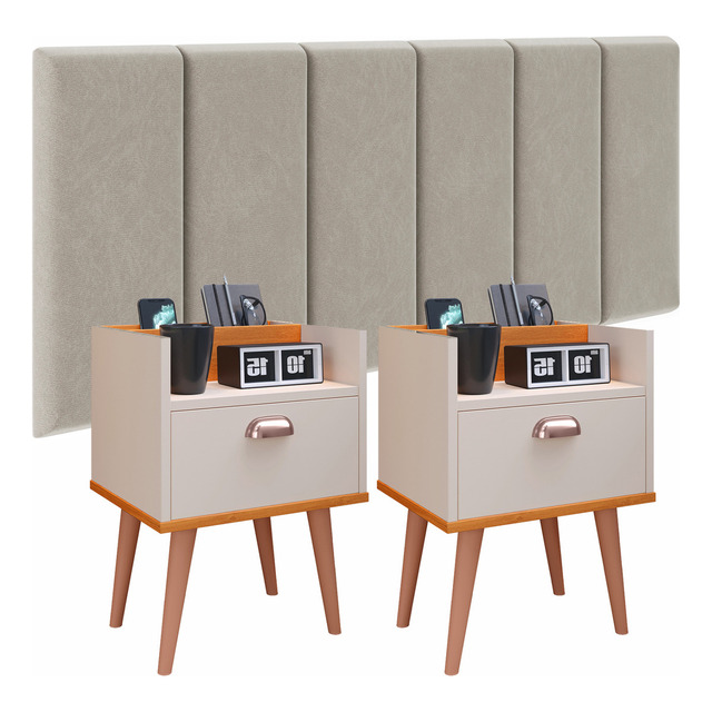 Kit Mozão Quarto 2 Mesa Cabeceira Retrô Painel Cama Casal Box 1,40 - Bege Com Off White Kit Mozão Quarto 2 Mesa Cabeceira Retrô Painel Cama Casal Box 1,40 - Bege Com Off White