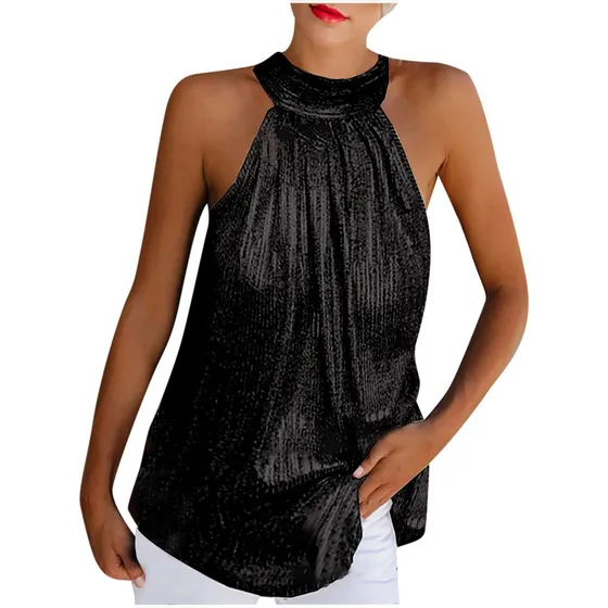 Camisa Sin Mangas Con Cuello Halter Sin Mangas Con Lentejuel