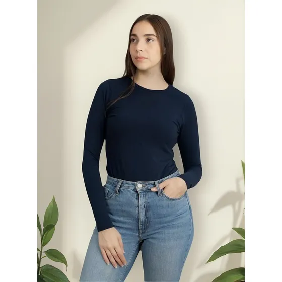 Polos Manga Larga Color Entero Cuello Redondo Para Dama
