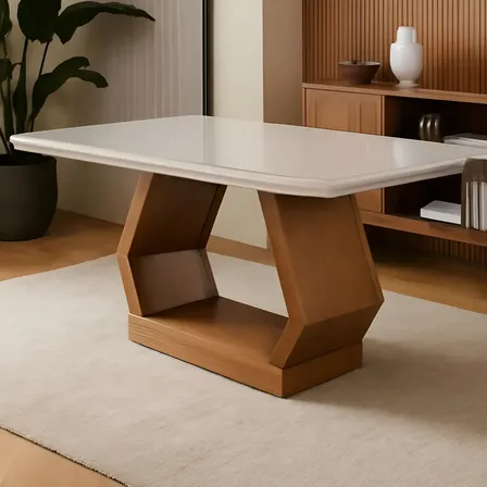 Mesa Sala De Jantar Lara 180cm Em Mdf E Vidro Com Canto Copo Cor da tampa Off White/ Imbuia/ Serig.