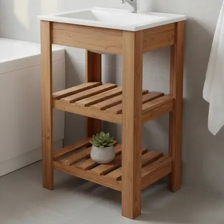 Vanitory De Pie Madera Maciza Baño 50cm + Bacha + Grifería Marrón Claro Blanco Un Agujero