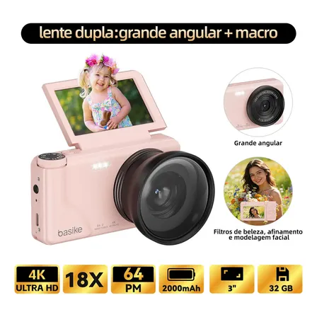 4k Câmera Fotografica Digital com Lente Dupla: grande angular + macro, 64mp 18x Câmera de beleza Com flash , Cartão Sd De 32gb，Foco Automático E Função Webcam para infantil,Iniciantes,vlog