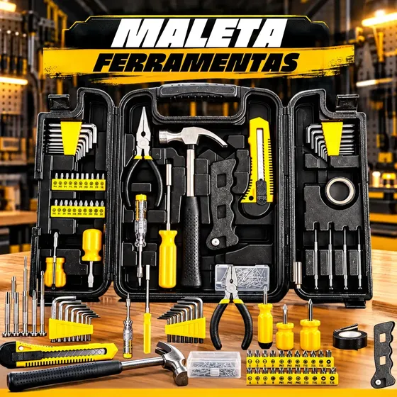 Jogo Maleta ferramentas 200 peças profissioal e domestico Completa Manutenção, Alicate, Bits, Estilete, Chaves Allen, Fenda E Phillips, Martelo, Serra, Fita Isolante, Pregos, Buchas, Chave Voltagem