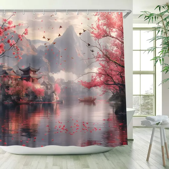 Cortina Ducha Japonesa Flor Cerezo Acuarela Floral Rama Lago