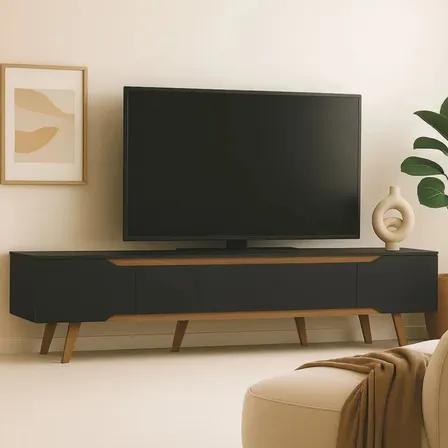 Rack Retrô Shop 2,20m Para Tv 70 Moderno E Aconchegante - 7 Preto