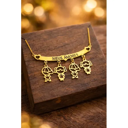 Colar Filhos Meus Amores Com Pingentes Banhado A Ouro 18k