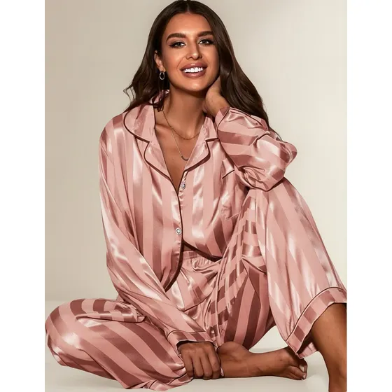 Conjunto Pijama Americano Feminino Seda Cetim Comprido Botão