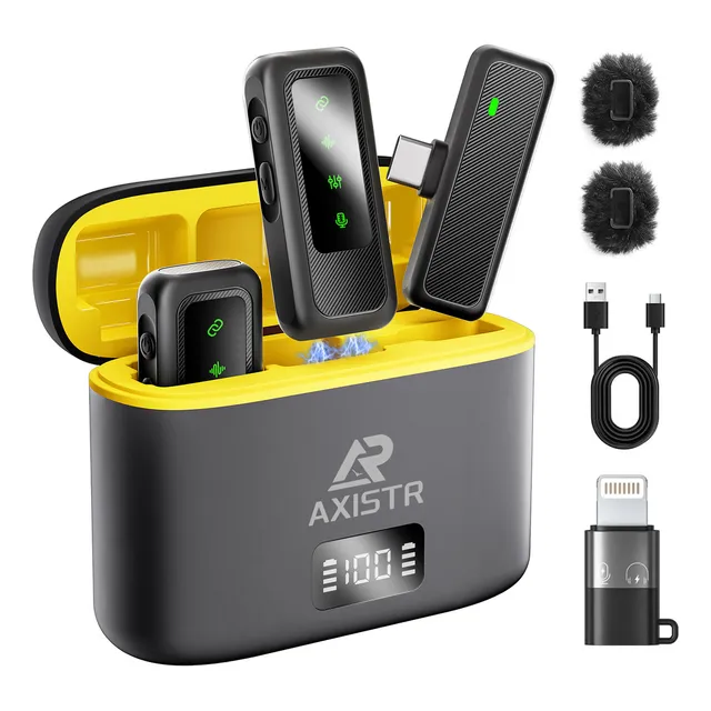 Axistr Micrófono Lavalier Inalámbrico Para iPhone/ Android/terminal Pc/iPad 130ft Largo Alcance 75db Dsp Cancelación De Ruido Con Un Solo Toque Reverb Sonido Estéreo Fuerte Alcance 360°omnidireccional
