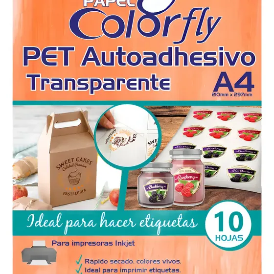 Papel Fotográfico PET Autoadhesivo A4 Transparente 200g Colorfly 10 Hojas | Cuotas sin interés