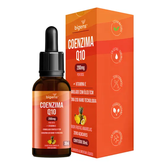 Coenzima Q10 200mg Em Gotas Nano Tecnologia, Formulada Em Óleo Tcm + Vitamina E, Sabor Frutas Amarelas | Bigens