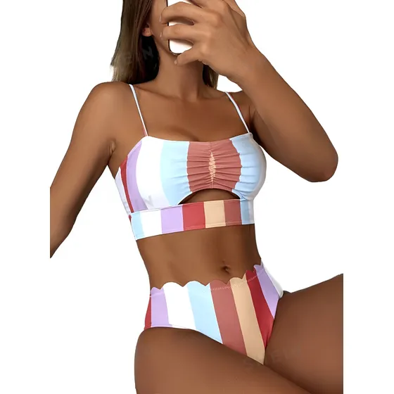 Shein Traje De Baño Hipster De 2 Piezas Con Ribete Festonead