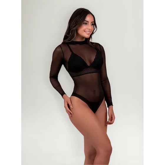 Body Mujer Manga Larga Microtul Transparencia Tendencia Sexy
