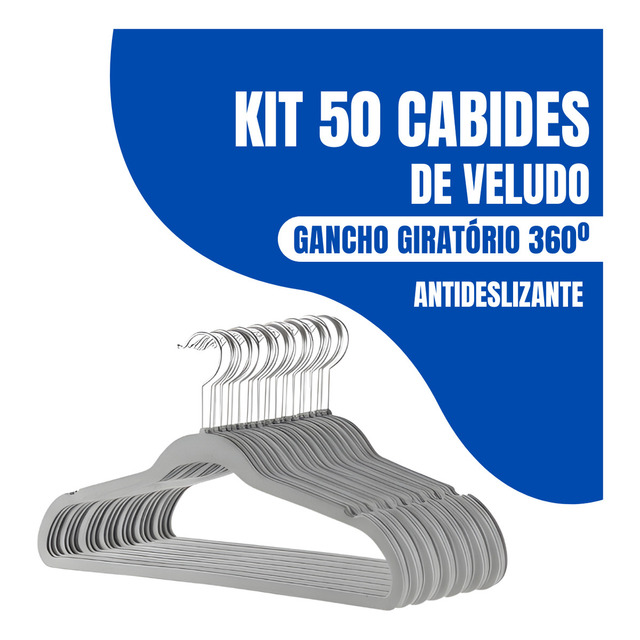 Kit 50 Cabides Adulto De Veludo Antideslizante Slim Com Gancho Giratório 360° Cor Cinza Kit 50 Cabides Adulto De Veludo Antideslizante Slim Com Gancho Giratório 360° Cor Cinza
