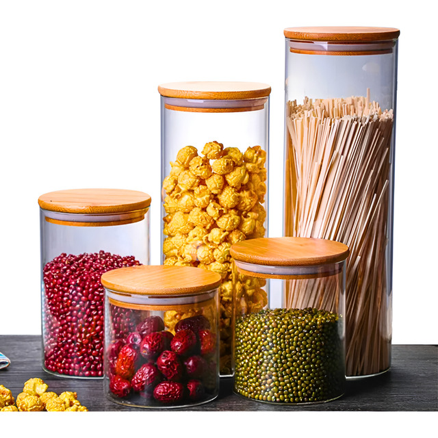 Kit 5 Potes De Vidro Herméticos Com Tampa De Bambu Para Mantimentos, Grãos, Café, Massas E... Kit 5 Potes De Vidro Herméticos Com Tampa De Bambu Para Mantimentos, Grãos, Café, Massas E...