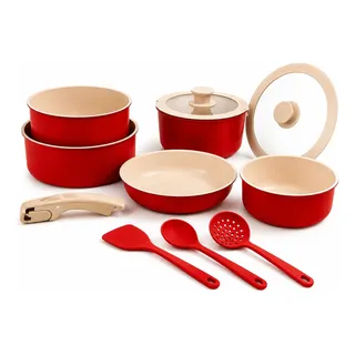 Labella House Kit Panelas Cerâmica 11 Peças Cabo Removível Indução Vermelho
