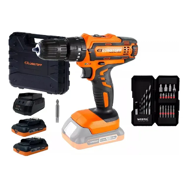 Taladro Atornillador Percutor Lusqtoff 18v 2 Bat + Puntas