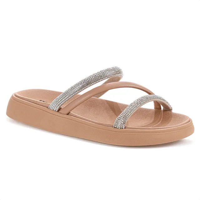 Sandália Moleca Papete Feminina Brilho Glitter Slide Nude