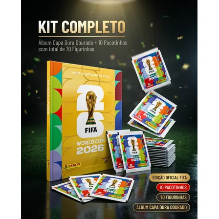 Kit 70 Figurinhas + Álbum Copa Do Mundo Fifa 2026 Panini Capa Ouro C/ 10 Envelopes