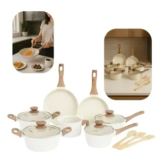 Jogo De Panelas De Cozinha Mimo Style Cook Fundo De Tripla Indução Com 10 Peças De Alumínio, Cerâmica, Madeira Marmol Vanila