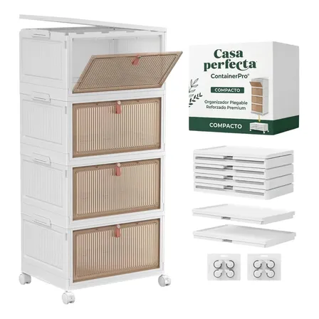 Canasto Organizador Plegable Apilable Casa Perfecta Container Pro Compacto 4 Cajones Canastos Cesto Decorativo Fácil Armado Ideal Baño Living Cocina Alacenas Oficina