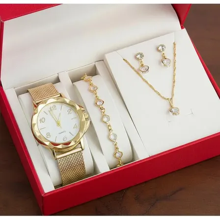 Relógio Feminino+ Kit Colar Brincos Pulseira Folheado A Ouro Dourado-branco
