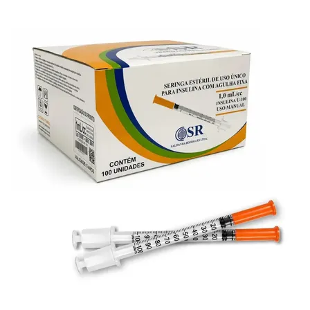 Seringa Insulina 1ml com Agulha Fixa 6 x 0,25 mm (31G) | Caixa com 100 Unidades | SR