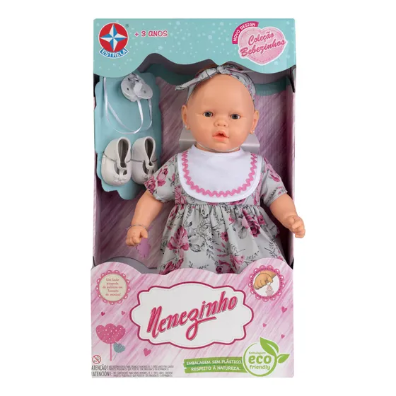 Boneca Nenezinho Vestido Florido Estrela 44cm Vinil E Tecido