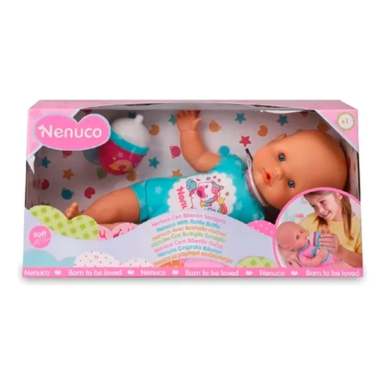 Muñeca Bebe Nenuco Biberon Y Sonajero Azul Para Niñas