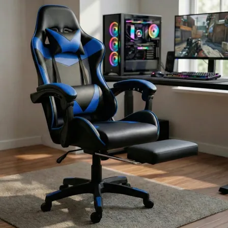 Cadeira Gamer Profissional Escritório Com Apoio Para Pés Azul Couro Sintético