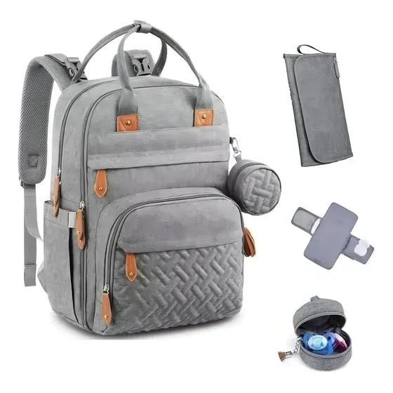 Mochila Maternal Bebé Gran Capacidad Impermeable + Cambiador Color Gris claro